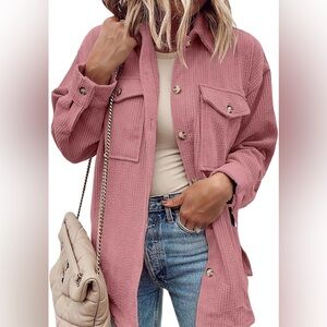 Cnkwei Womens Corduroy Button Down Shacket Casual Long Sleeve Chest Pocketed